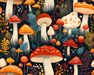 Hand drawn mushroom seamless pattern