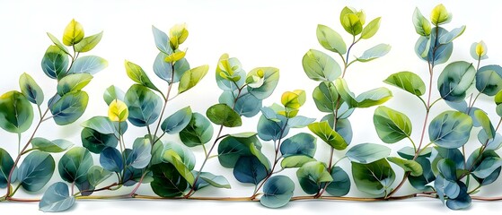 Wall Mural - Watercolor eucalyptus branch on white background green floral card. Concept Watercolor Painting, Eucalyptus Branch, White Background, Green Floral Card