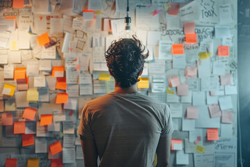 developer who looks at the board where the tasks that he has to perform are pasted. Software development concept