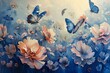Butterflies waltz over oil-painted blooms a floating gar