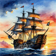 A large pirate ship against the background of a beautiful sunset. Watercolor.