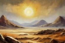 Abstract Desert Landscape, Dried Up Lake Bed, Bright Sun In The Sky Large Desert Rocks