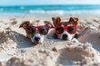 Pair of dogs wearing red sunglasses burying in sand at beach enjoying summer vacation