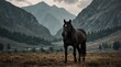 a black horse in beautiful dramatic mountain landscape background from Generative AI