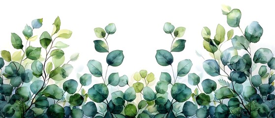 Wall Mural - Elegant Watercolor Green Floral Card Featuring Eucalyptus Leaves on a White Background. Concept Watercolor Paintings, Greenery, Floral Designs, Eucalyptus Leaves