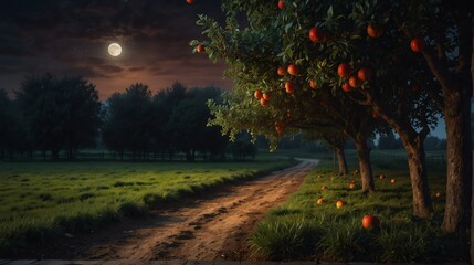 Wall Mural - apple farm night landscape with walkway path beautiful panoramic nature background from Generative AI
