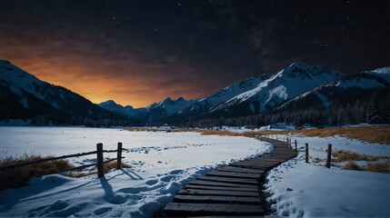 Wall Mural - snow winter mountain night landscape with walkway path beautiful panoramic nature background from Generative AI