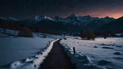 Wall Mural - snow winter mountain night landscape with walkway path beautiful panoramic nature background from Generative AI