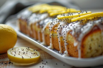 Wall Mural - Lemon cake with poppy seeds and sweet glaze Focus on details