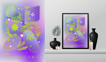 Poster - Vector gradient minimalistic rave Poster with strange wireframes graphic of geometrical shapes Y2K design inspired by brutalism and mockup in the interior, 3D forms with tropic leaves in acid colors