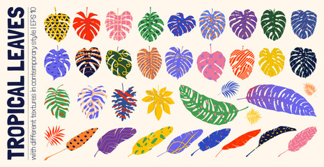 Wall Mural - Set minimalistic naive unusual tropical leaves in matisse art style, Hand drawn silhouettes jungle plants branches with different textures, Botanical vector assets collection graphic bizarre elements