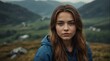a young woman portrait on top of a mountain with landscape cloudy view looking at camera from Generative AI