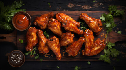 Wall Mural - Grilled sticky chicken wings on dark background. Buffalo chicken wings with sauce. Top view