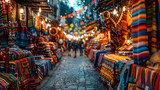 Fototapeta  - A street market, with colorful stalls lining the pavement as the background, during a vibrant cultural event