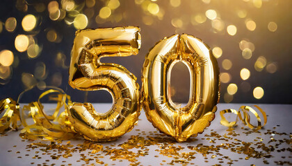 Wall Mural - Number 50 gold foil balloon. Anniversary celebration decoration. Golden foil balloon with number 50 on bokeh background. Party, birthday, anniversary concept.