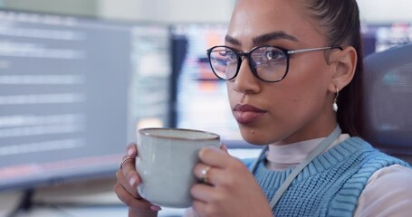 Aufkleber - Programmer, coffee and overtime with software, coding and web 3.0 project in office. Woman, cyber security and data for corporate, professional and ux computer technician with workplace break