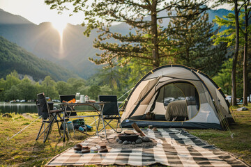 camping outdoors with lots of sunlight with one tent two outdoor camping chairs bbq rack.