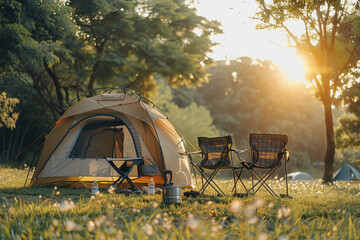camping outdoors with lots of sunlight with one tent two outdoor camping chairs bbq rack.