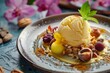 Plate with matka milk ice cream topped with saffron and dry fruits