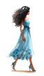 girl woman lady in a blue dress of African-American appearance walking in profile in high heels. Watercolor illustration