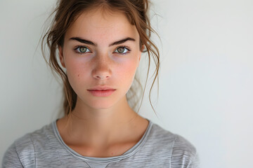 Wall Mural - Close up portrait of sad and crying beautiful caucasian woman with hair pulled back in a pony tail crying, isolated on a white background