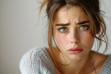 Wall Mural - Close up portrait of sad and crying beautiful caucasian woman with hair pulled back in a pony tail crying, isolated on a white background