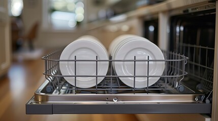 Wall Mural - Kitchen appliance filled with plates, silverware and bowls in building.