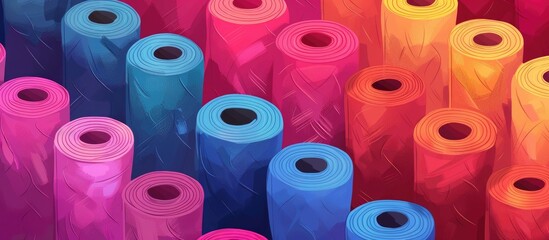 Poster - A variety of vibrant swimming noodles are artfully stacked, displaying their colorfulness in shades of magenta, aqua, and other hues. The textured textile material creates a playful pattern