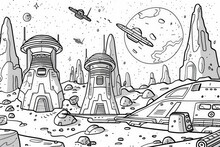 Coloring Page A Detailed Black And White Drawing Of A Futuristic Space Station Floating Majestically In The Cosmos, Complete With Docking Bays And Communication Towers.