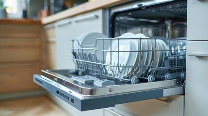 Wall Mural - Kitchen appliance filled with plates, silverware and bowls in building.