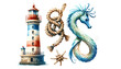 Vibrant nautical-themed illustration depicting a striped lighthouse, a knotted rope, a whimsical seahorse, and a starfish, ideal for maritime festivals and World Oceans Day
