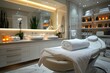 A well-lit, elegant modern bathroom with a massage table, designed to provide a relaxing spa experience at home
