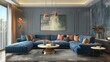 Sophisticated living room design with luxe blue velvet sofa and artistic gold accents