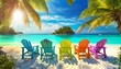 Close-up of a tropical turquoise beach with a row of colorful outdoor adirondack chairs on a sandy beach, on the sides two palm trees and on the horizon a small island in the sea. Generative Ai.