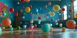 A room full of colorful balls in the air. Scene is playful and fun