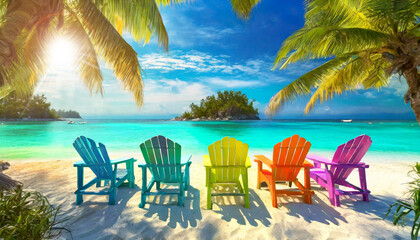 Wall Mural - Close-up of a tropical turquoise beach with a row of colorful outdoor adirondack chairs on a sandy beach, on the sides two palm trees and on the horizon a small island in the sea. Generative Ai.