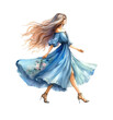 girl is a young woman in a blue dress of model appearance of the European race walking in profile in high heels. Watercolor illustration on transparent background