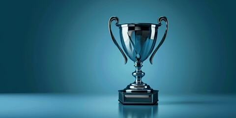 A silver trophy is sitting on a table. The trophy is shiny and has a blue base. The trophy is a symbol of achievement and success