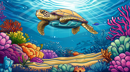  Big beautiful turtle swimming underwater. World ocean day concept. Bright colorful undersea landscape, vibrant coral.