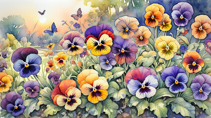 Aufkleber - colorful pansy flowers in the garden and bright butterflies painted with watercolors
