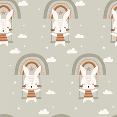Wall Mural - Seamless pattern with cute bunny. Vector illustration