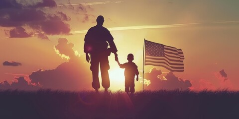 Wall Mural - A man and a child are holding a flag in a field. The man is a soldier and the child is his son. The flag is an American one. Scene is patriotic and emotional