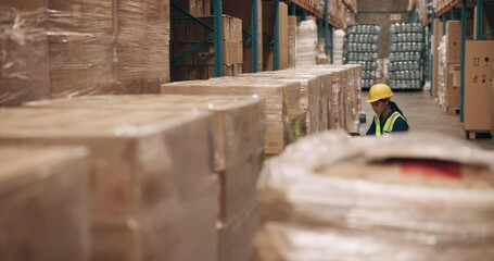 Poster - Woman, warehouse and packaging inspection for shipping supply chain for inventory, storage or distribution. Female person, wholesale and stock in factory for order production, courier or logistics