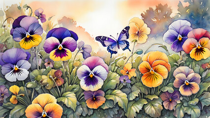 Aufkleber - colorful pansy flowers in the garden and bright butterflies painted with watercolors