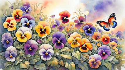 Aufkleber - colorful pansy flowers in the garden and bright butterflies painted with watercolors