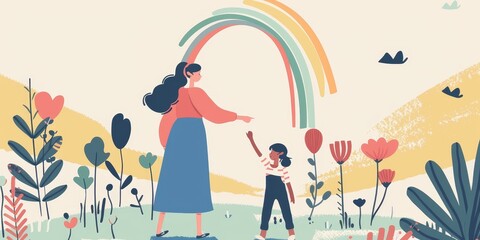 Wall Mural - A woman is pointing to a rainbow with a child. Concept of hope and positivity