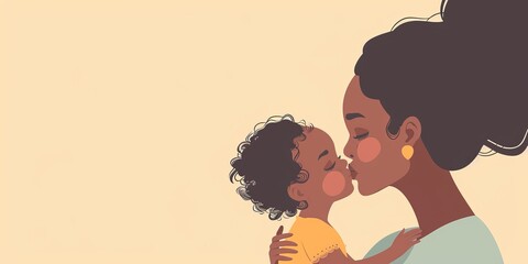 Wall Mural - A woman is kissing a baby on the cheek. Concept of warmth and love between the mother and child