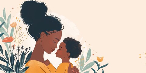 A woman is holding a baby in her arms. The baby is black and the woman is wearing a yellow shirt. Concept of warmth and love between the mother and child