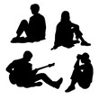 Vector silhouettes of young men and women, musician with guitar, group of sitting business people, profile, black color isolated on white background