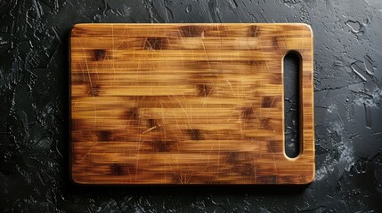 A wooden cutting board with a black background. The board is empty and has a natural wood grain